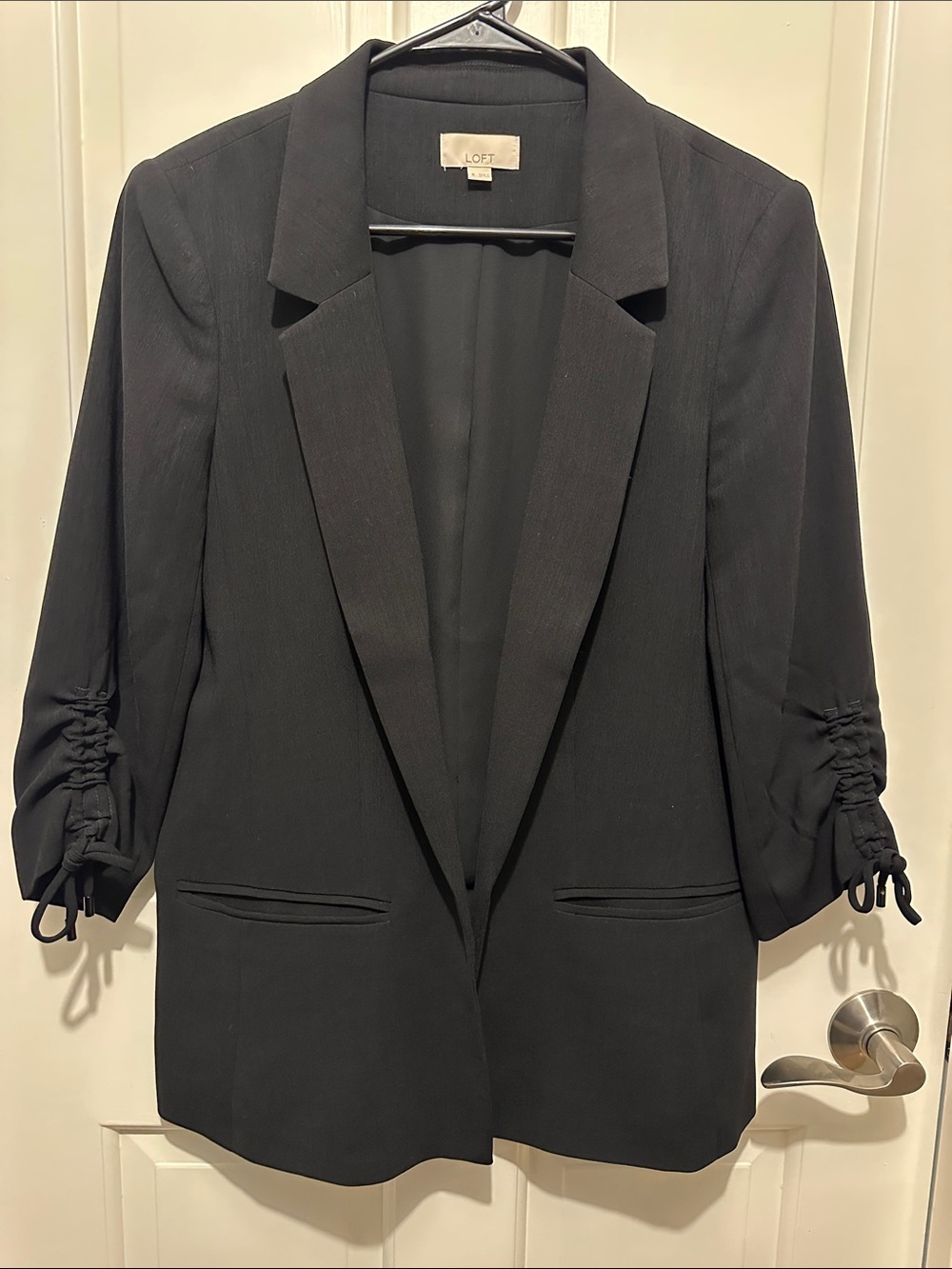 LOFT Black Open-Front Blazer with Ruched Tie Sleeves